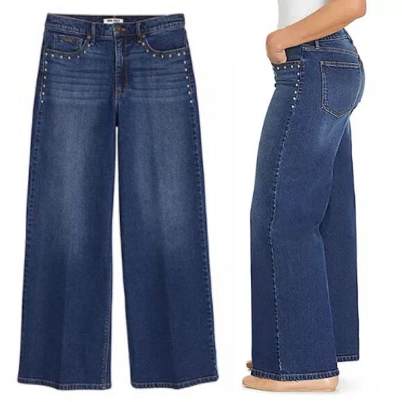 Nine West Wide Leg Jean Size 6 Dark Wash Decorative Studs High Rise Stretch - Picture 2 of 16